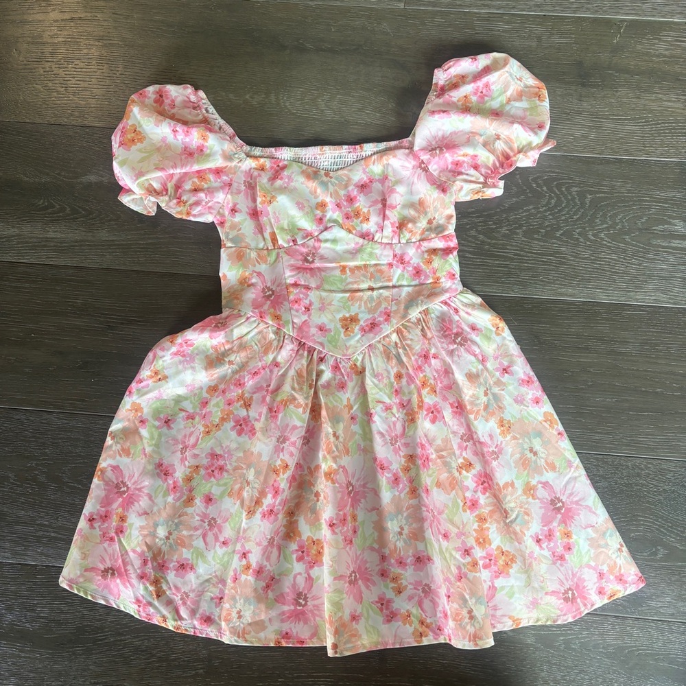 NEW SHEIN Floral Puff Sleeve Dress - Pink and Orange